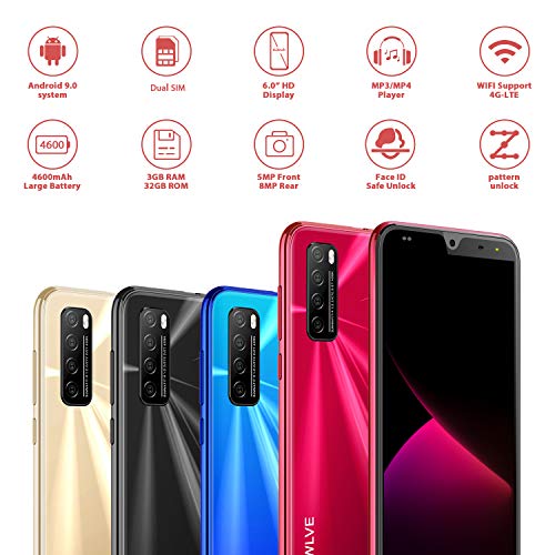 Moviles Libres 4G,6.0Pulgadas 3GB RAM 32GB ROM / 64GB Smartphone Libre Android 9.0 Face ID teléfonos móviles gratuitos, 8MP 4600mAh,Dual SIM Quad Core Moviles Buenos (Rojo)
