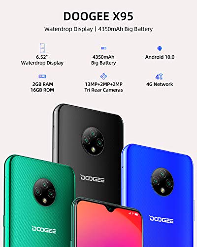 Moviles Libres, DOOGEE X95 Smartphone Libre 2020, 6.52 Pulgadas 19.5:9 HD+ Pantalla 4G Telefonos, 4350mAh, 13MP+2MP+2MP+5MP, Android 10.0 Smartphone, 16GB ROM,128GB SD, Dual SIM Face ID, Negro