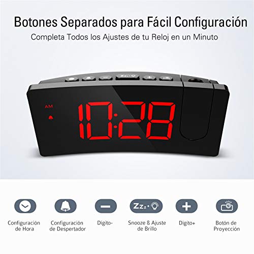 Mpow Despertador Proyector, Reloj Despertador Digital con Puerto USB, 4 Brillo de Proyección y Display, Pantalla LED de 5'', Números Rojos Ultra Clara, Fácil de Usar, Snooze (incluido el Adaptador)