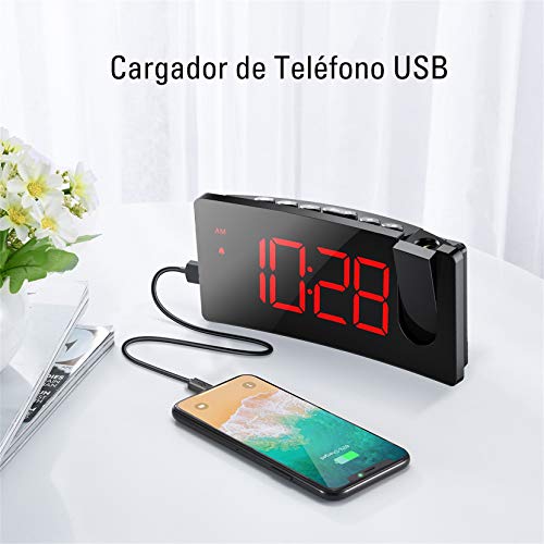 Mpow Despertador Proyector, Reloj Despertador Digital con Puerto USB, 4 Brillo de Proyección y Display, Pantalla LED de 5'', Números Rojos Ultra Clara, Fácil de Usar, Snooze (incluido el Adaptador)