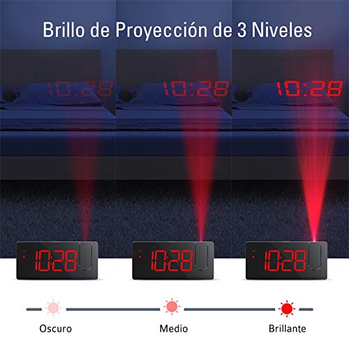 Mpow Despertador Proyector, Reloj Despertador Digital con Puerto USB, 4 Brillo de Proyección y Display, Pantalla LED de 5'', Números Rojos Ultra Clara, Fácil de Usar, Snooze (incluido el Adaptador)