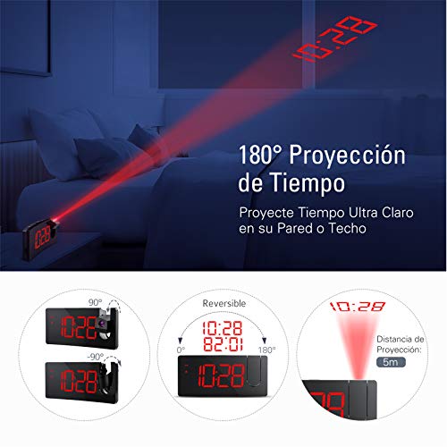 Mpow Despertador Proyector, Reloj Despertador Digital con Puerto USB, 4 Brillo de Proyección y Display, Pantalla LED de 5'', Números Rojos Ultra Clara, Fácil de Usar, Snooze (incluido el Adaptador)