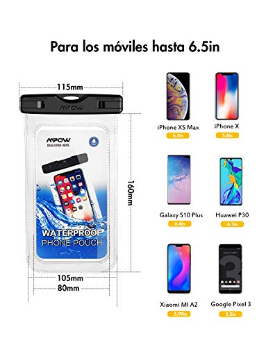 Mpow Funda Impermeable Movíl, Bolsa Impermeable Movil Transparente, 6.5in para iPhone XS/X/XR/8/8 Plus/Galaxy S10/S9/S8/Mate 20/P30/P20, IPX8 Certificado Impermeable, Funda Playa para Movíl Universal
