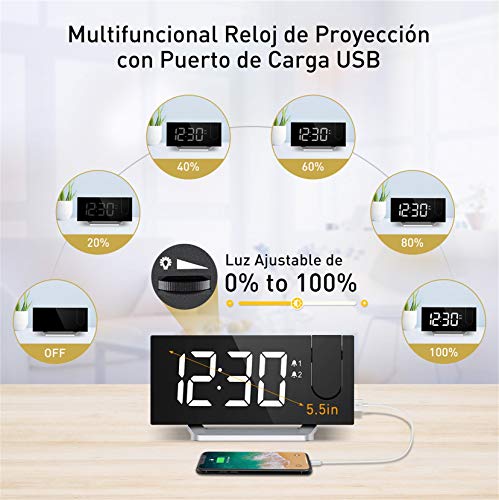Mpow Radio Despertador Digital Proyector, FM Radio Reloj Despertadores Digitales de Proyección,Alarma Dual con 4 Sonidos 3 Tono,Puerto USB,Pantalla LED 5"& 6 Brillos,12/24 Hora,Snooze,Blanco