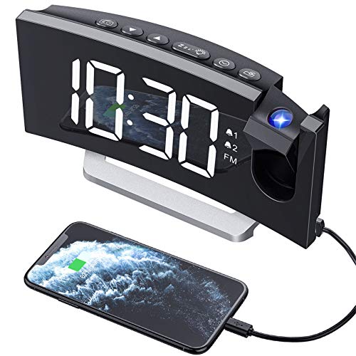 Mpow Radio Despertador Digital Proyector, FM Radio Reloj Despertadores Digitales de Proyección,Alarma Dual con 4 Sonidos 3 Tono,Puerto USB,Pantalla LED 5"& 6 Brillos,12/24 Hora,Snooze,Blanco