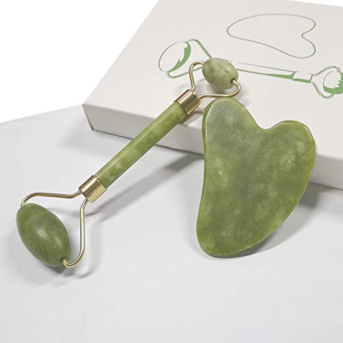 mreechan Masajeador de rodillos de jade, rascador, rodillo de masaje natural de cara y cuello de jade, rodillo de tratamiento de belleza facial delgada, juego de 2 piezas