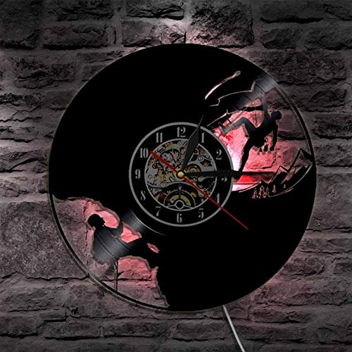 MRQXDP Reloj de Pared con Registro de Vinilo con Silueta de Escalada en Roca, Reloj Deportivo para Pared, decoración del hogar, Sala de Estar, Dormitorio, Reloj 7 Color Light Lamp