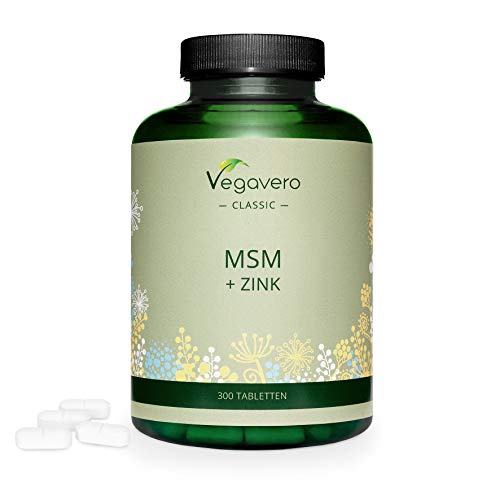 MSM 2000 mg + Zinc Vegavero® | Ahora Sin Aditivos Artificiales | 300 Comprimidos | Antiinflamatorio + Articulaciones + Huesos y Músculos + Calambres Musculares + Cabello y Piel