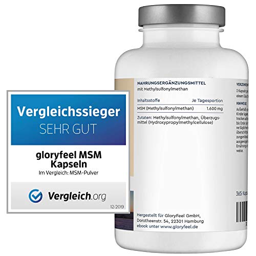 MSM 365 cápsulas veganas - 1600mg MSM (Metilsulfonilmetano) en polvo por dosis diaria de azufre orgánico - 99,9% Puro - 6 meses de suministro - Probado en laboratorio sin aditivos
