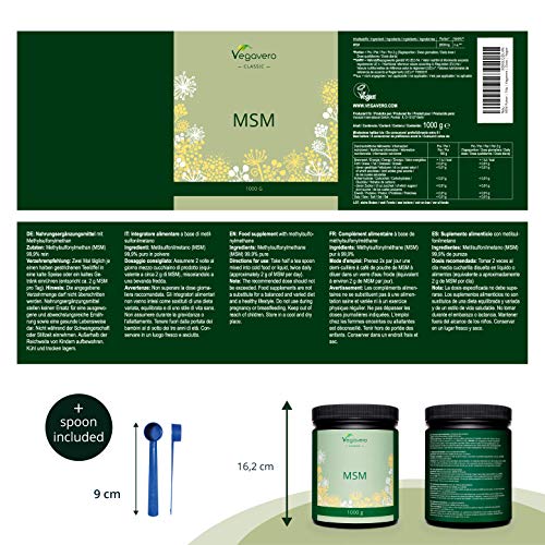 MSM en Polvo Vegavero® | EL ÚNICO 99% PURO | 1 kg | Sin Aditivos | Producto Premiado | Testado en Laboratorio | Antiinflamatorio Natural + Dolor Espalda + Articulaciones