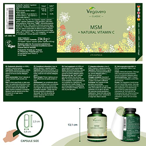 MSM + Vitamina C Natural Vegavero® | 2100 mg | 270 Cápsulas | SIN ADITIVOS | Articulaciones + Cabello & Piel | Vitaminas Para el Cabello | Vegano