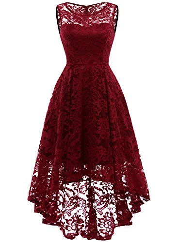 MUADRESS 6006 Vestido Cóctel Vintage A-línea Hi-Lo Elegante Mujer Flor Encaje Vestidos De Fiesta Rojo Oscuro 2XL