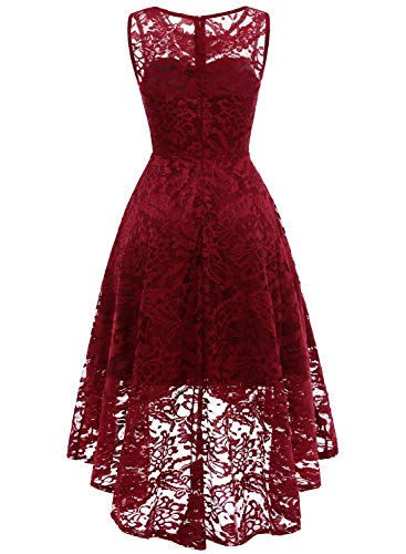 MUADRESS 6006 Vestido Cóctel Vintage A-línea Hi-Lo Elegante Mujer Flor Encaje Vestidos De Fiesta Rojo Oscuro 2XL