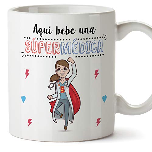MUGFFINS Médica Tazas Originales de café y Desayuno para Regalar a Trabajadores Profesionales - AQUÍ Bebe UNA SÚPER MÉDICA - Cerámica 350 ml