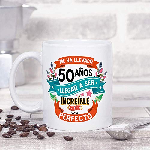 MUGFFINS Taza 50 Cumpleaños -"Me ha llevado 50 años llegar a ser increíble y casi perfecto - Regalos Desayuno Feliz Cumpleaños
