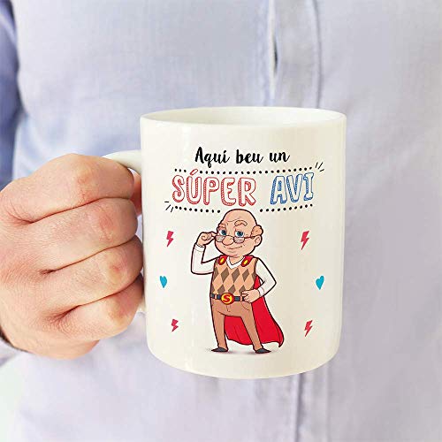 MUGFFINS Taza Abuelo (En Catalán) -"Aquí beu un Súper Avi" - Taza Desayuno/Idea Regalo Día del Padre. Cerámica 350 mL