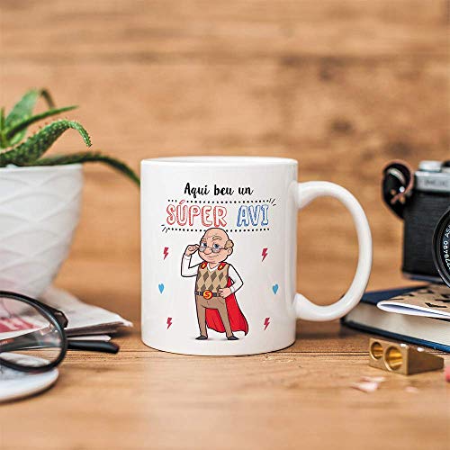 MUGFFINS Taza Abuelo (En Catalán) -"Aquí beu un Súper Avi" - Taza Desayuno/Idea Regalo Día del Padre. Cerámica 350 mL