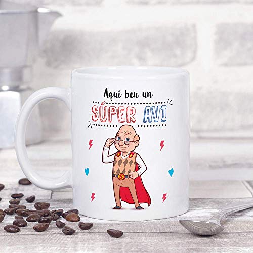 MUGFFINS Taza Abuelo (En Catalán) -"Aquí beu un Súper Avi" - Taza Desayuno/Idea Regalo Día del Padre. Cerámica 350 mL