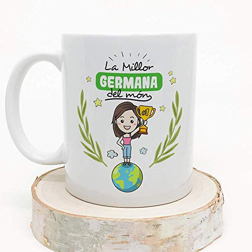 MUGFFINS Taza Hermana (En Catalán)"La Millor Germana del Món" Taza Desayuno/Idea Regalo Día de la Hermana. Cerámica 350 mL