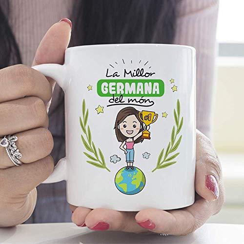 MUGFFINS Taza Hermana (En Catalán)"La Millor Germana del Món" Taza Desayuno/Idea Regalo Día de la Hermana. Cerámica 350 mL