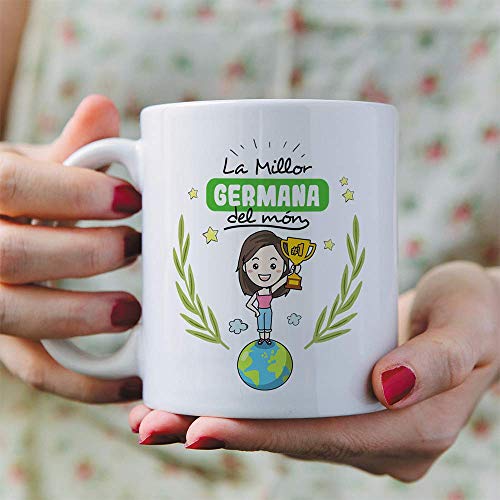 MUGFFINS Taza Hermana (En Catalán)"La Millor Germana del Món" Taza Desayuno/Idea Regalo Día de la Hermana. Cerámica 350 mL