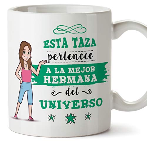MUGFFINS Taza Hermana - Esta Taza Pertenece a la Mejor Hermana del Universo - Taza Desayuno/Idea Regalo Cumpleaños para Hermanitas. Cerámica 350 mL