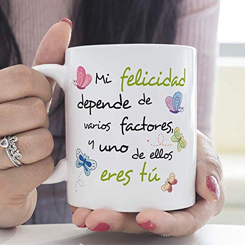 MUGFFINS Taza Original de Desayuno para Regalar a Amigas Amigos y Seres Queridos - Mi Felicidad Depende. - 350 ml - Tazas con Frases motivacionales