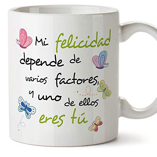 MUGFFINS Taza Original de Desayuno para Regalar a Amigas Amigos y Seres Queridos - Mi Felicidad Depende. - 350 ml - Tazas con Frases motivacionales