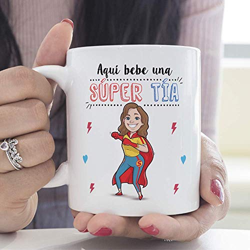 MUGFFINS Tazas Tía - Aquí Bebe una Super Tía - Taza Desayuno Original/Idea Regalo Cumpleaños. Cerámica 350 mL