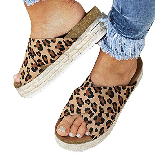 Mujer Sandalias Plataforma Chanclas Verano Ante Sandalias de Vestir Tacon 6CM Planas Peep Toe Gladiador Playa Aire Libre Alpargatas Leopardo 38