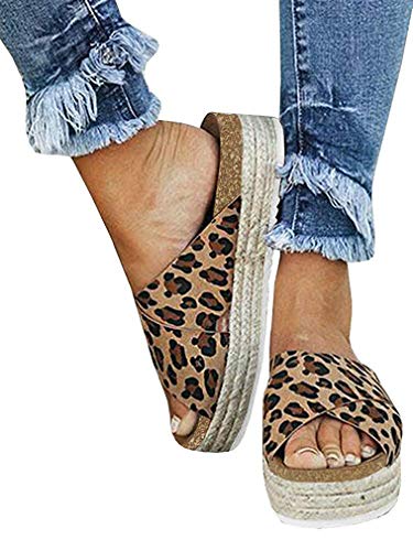 Mujer Sandalias Plataforma Chanclas Verano Ante Sandalias de Vestir Tacon 6CM Planas Peep Toe Gladiador Playa Aire Libre Alpargatas Leopardo 38