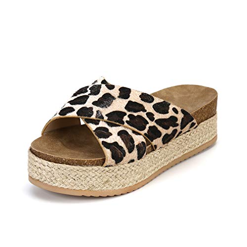 Mujer Sandalias Plataforma Chanclas Verano Ante Sandalias de Vestir Tacon 6CM Planas Peep Toe Gladiador Playa Aire Libre Alpargatas Leopardo 38