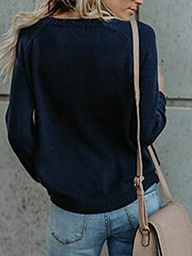 Mujer sudaderas Básico Punto Suéter de Moda O-Cuello Otoño Invierno Oversize Jerseys Blusas Abrigo Tops (Large, Azul)