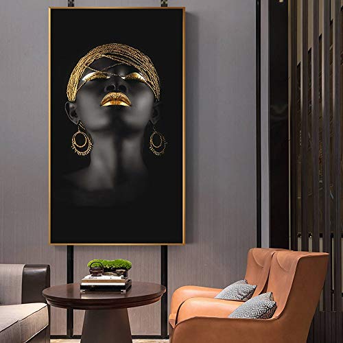 Mujeres africanas Negras Pinturas al óleo Impresiones de Lienzo Arte Corporal Africano Tocado de Oro Labios de Oro Arte de Pared Sala de Estar Maquillaje Estudio decoración