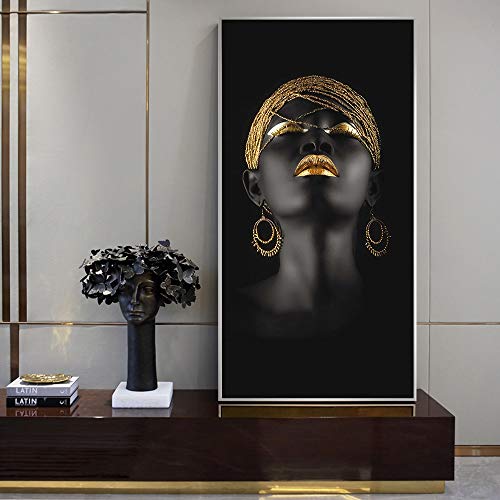 Mujeres africanas Negras Pinturas al óleo Impresiones de Lienzo Arte Corporal Africano Tocado de Oro Labios de Oro Arte de Pared Sala de Estar Maquillaje Estudio decoración