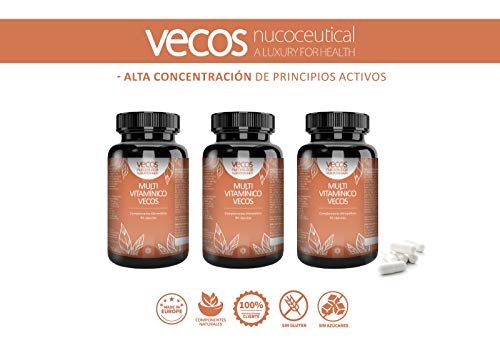 Multivitaminas Vecos para complementar tu dieta y reforzar tu sistema inmune – Complejo vitamínico con 11 minerales y oligoelementos para activar y mantener nuestra energía – 90 cápsulas vegetales