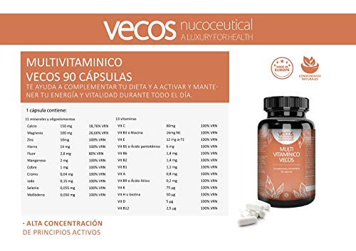 Multivitaminas Vecos para complementar tu dieta y reforzar tu sistema inmune – Complejo vitamínico con 11 minerales y oligoelementos para activar y mantener nuestra energía – 90 cápsulas vegetales