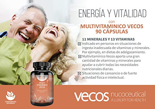Multivitaminas Vecos para complementar tu dieta y reforzar tu sistema inmune – Complejo vitamínico con 11 minerales y oligoelementos para activar y mantener nuestra energía – 90 cápsulas vegetales