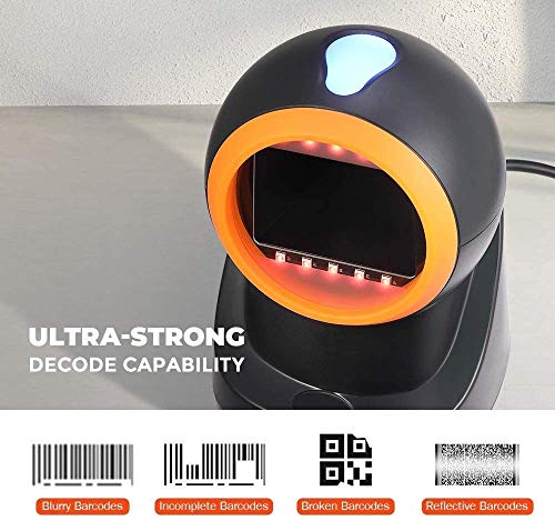 MUNBYN Lector de Código de Barras 1D / 2D Omnidireccional, Escanér Automáticamente Barcode Scanner con Lente Angulo Ajustable para Windows/Linux/Mac (No Soporte Código de Barras médico)