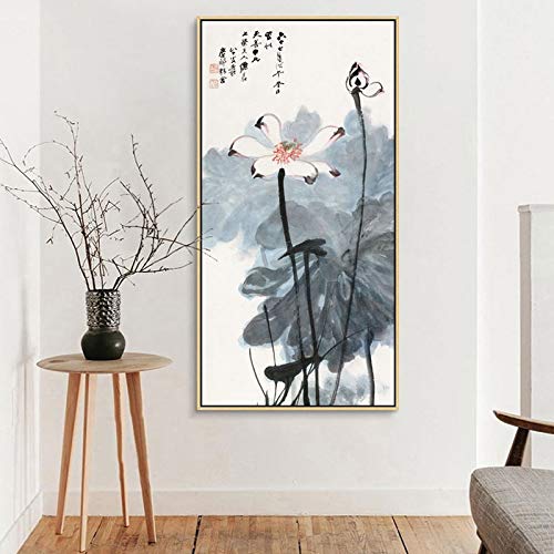 Mural de impresión de póster Abstracto Chino sobre Lienzo, Imagen artística de Loto y Figuras Chinas, Utilizado para la decoración del hogar de la Sala Pintura sin Marco 60x120cm