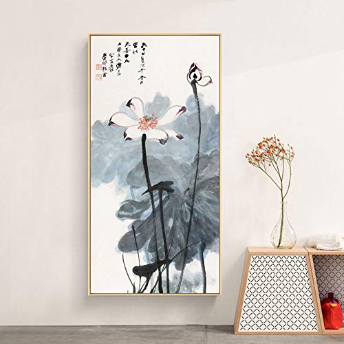 Mural de impresión de póster Abstracto Chino sobre Lienzo, Imagen artística de Loto y Figuras Chinas, Utilizado para la decoración del hogar de la Sala Pintura sin Marco 60x120cm