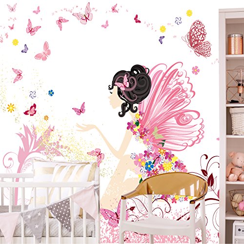 murimage Papel Pintado Infantil 274 x 254 cm Incluyendo Pegamento Fotomurales viveros Hada Flores Mariposas Chicas kínder Rosa niñas