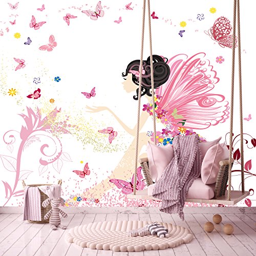 murimage Papel Pintado Infantil 274 x 254 cm Incluyendo Pegamento Fotomurales viveros Hada Flores Mariposas Chicas kínder Rosa niñas