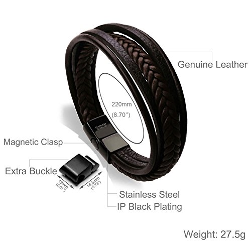 murtoo Pulsera Hombre Cuero Acero Inoxidable Cierre Magnética Negro Cuero Marrón Negro Trenzada Brazalete Marrón 20-22cm