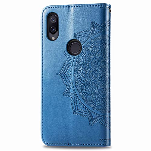 MUSESHOP Funda Xiaomi Redmi Note 7, Estuche de Cuero Estampado Mandala Libro de Cuero con Tapa y Cartera, Carcasa PU Leather con TPU Silicona Case Interna Suave - Azul