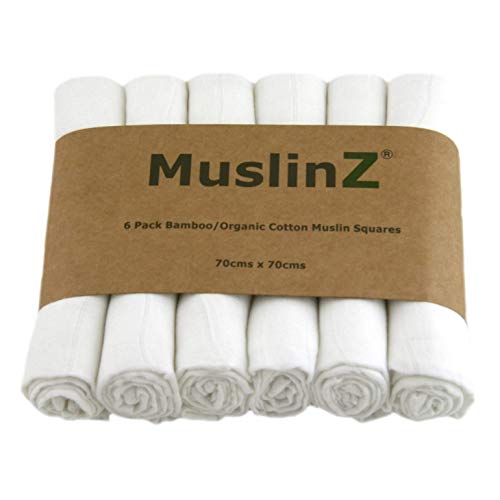 MuslinZ 6PK Luxury Bamboo/Organic Cotton Muslin Squares 70x70cm White