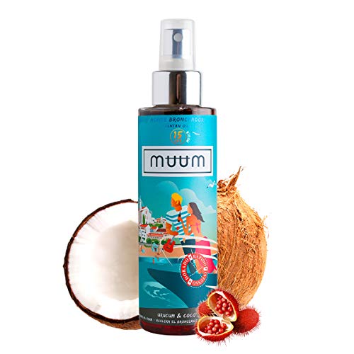 muum - Aceite Bronceador SPF15 de Urucum y Coco - Acelerador del Bronceado con Antioxidantes Naturales, Hidrata y previene manchas y arrugas - Bronceado de tono dorado y natural - 150 ml.