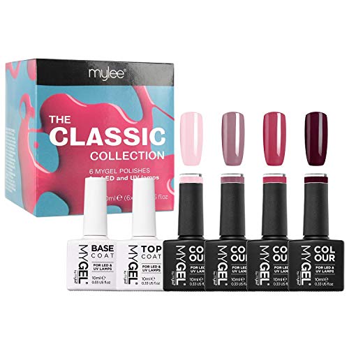 MyGel by Mylee - Esmalte de uñas en gel de 4 x 10 ml, colores + capa superior y base, UV/LED, manicura y pedicura para uso profesional, salón y hogar, de larga duración y fácil de aplicar