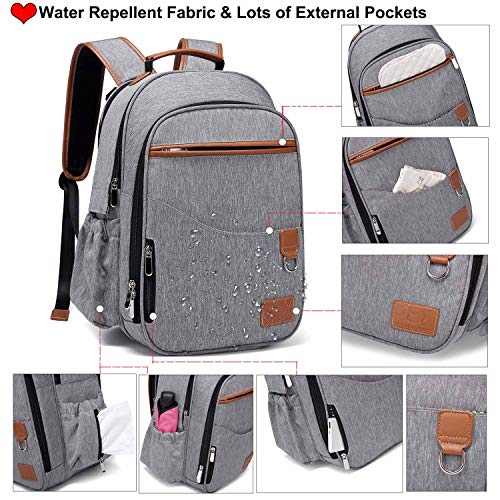 Myhozee Mochila de Pañales y Biberones para Bebé,Impermeable Bolsa Mochila de Pañales Cambiador con una Almohadilla para el Pañal y 2 Ganchos de Carrito para Cuidado de Bebé y Mamá (Gris)