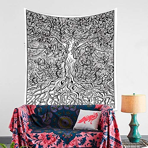 N / A Pintura Negra Tapiz Floral Ola en Blanco y Negro Tapiz Colgante de Pared Flor Sirena patrón Tapiz decoración del Dormitorio Tapiz Fondo Tela A4 130x150cm